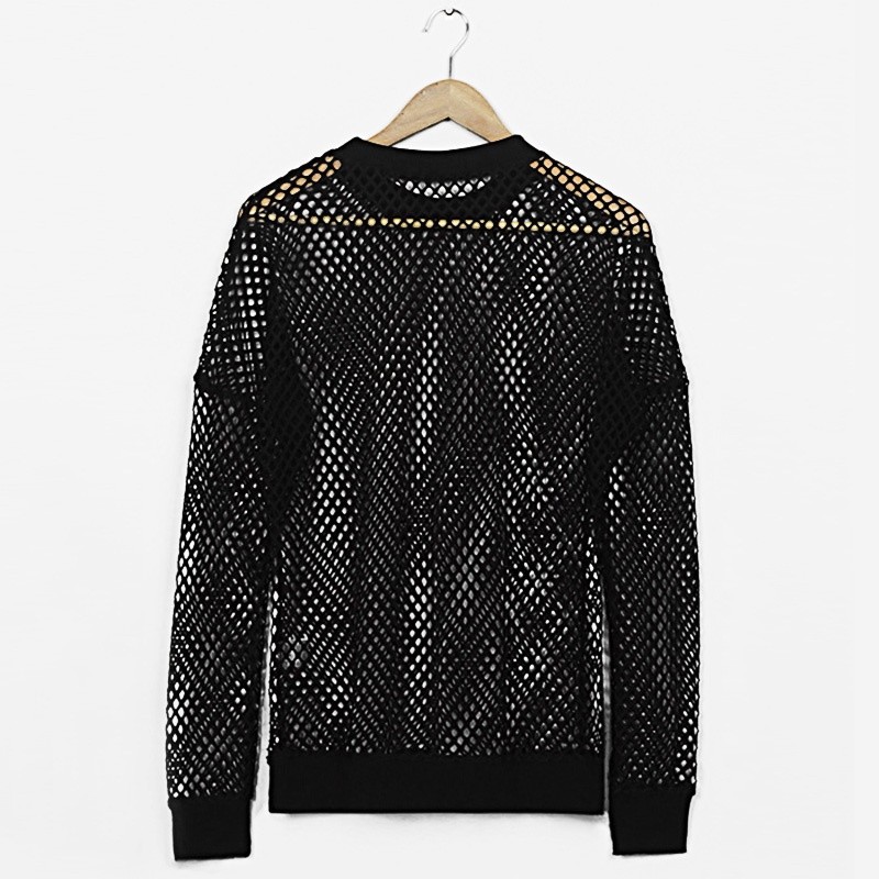 ◇ILLIGO◇ Mesh Sheer Layered Tee Black Mens Long Sleeve Fishnet Mesh Sheer T-shirt Gothic Punk