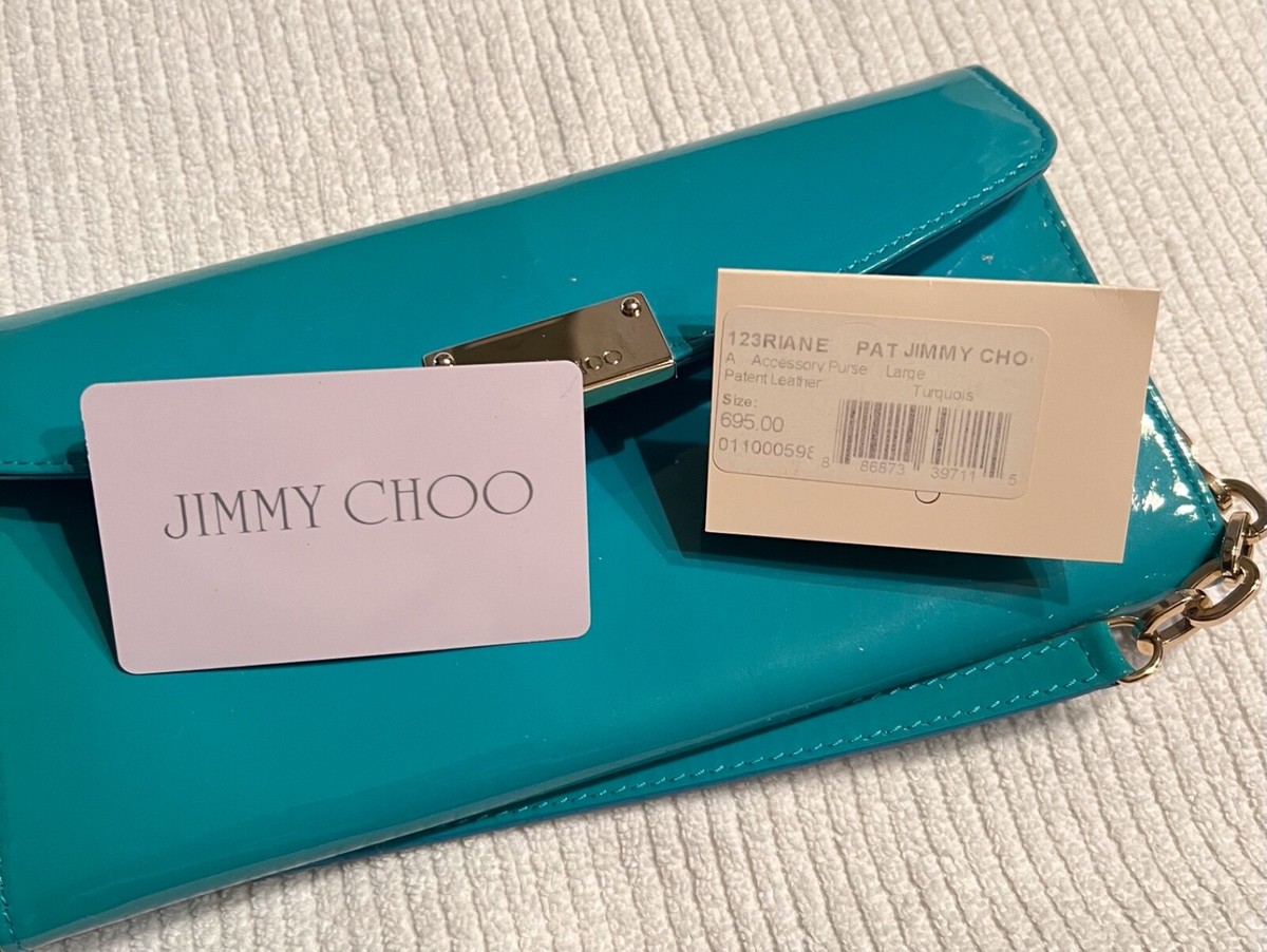 JIMMY CHOO Turquoise Patent Leather Clutch Removable Strap Dust