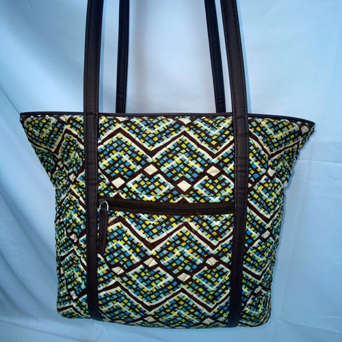 Vera Bradley Bag Green Brown Large Tote Bag Zippered - Picture 4 of 11