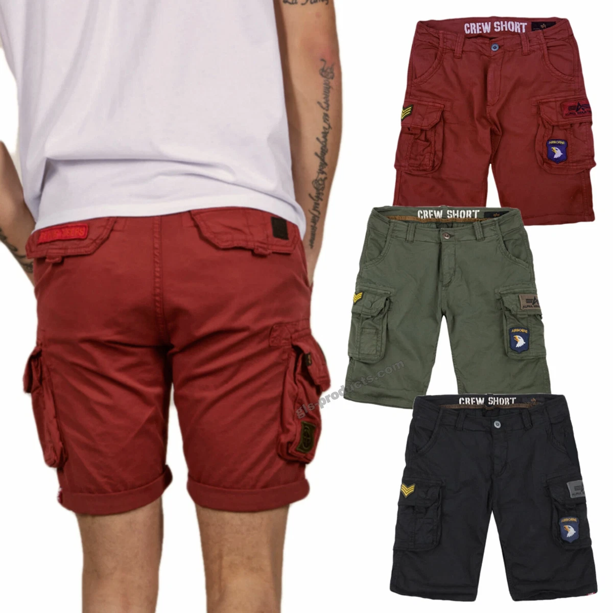 Alpha Industries Mens Shorts Cargo Crew Short Patch Cotton Pockets Belt  Loops | eBay