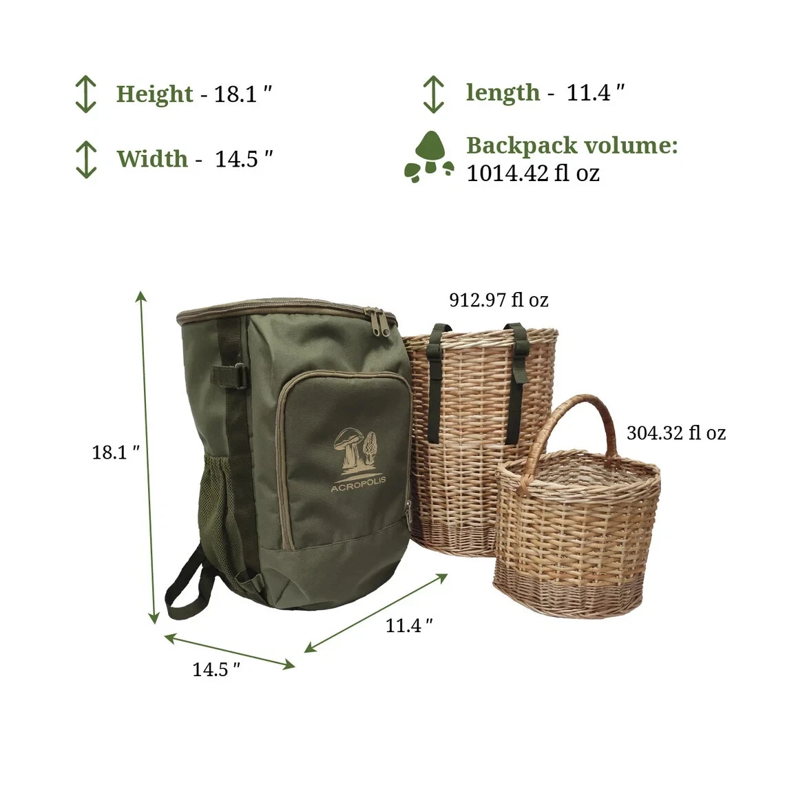 Backpack with 2 Wicker Baskets for Mushrooms