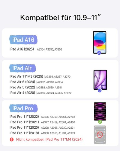 QWERTZ Tastatur Hülle Stifthalter iPad 11" 10,9 Zoll,iPad Air 6/5/4 iPad Pro 11 - Photo 3/24