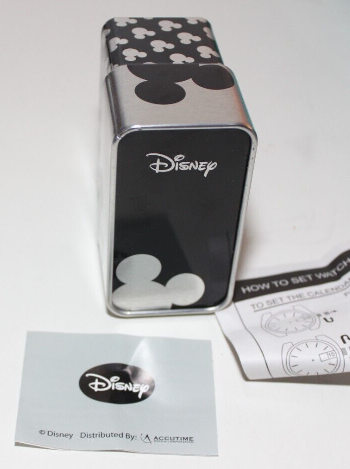 VINTAGE MICKEY MOUSE WATCH BOX AND PAPERWORK METAL ACCUTIME MK2050 DISNEY EMPTY