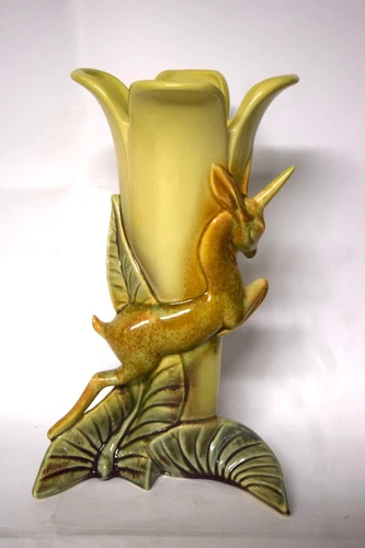 Hull Pottery ca. 1950s Gazelle Vase #99 11 1/4" Tall Chartreuse Greens Deer