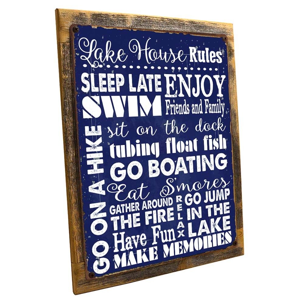 Navy Blue Lake House Rules Metal Sign; Wall Decor for Vacation Home