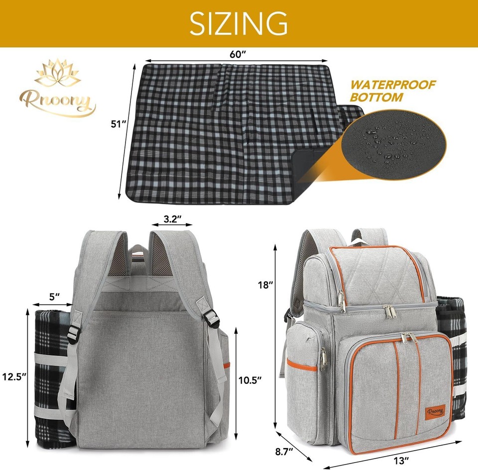 Rnoony Picnic Backpack for Camping, Picnic Basket for 2 with Insulated