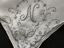 A Vintage White Hankie Monogram N Madeira Style Hand Embroidery Wedding Bride