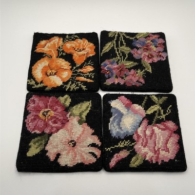 Vtg Lillian Vernon Floral Needlepoint Coasters Set of 4 Wool Flowers Cottagecore
