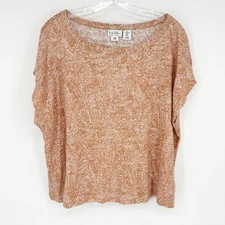 Nicole Miller XL Extra Large Tan White Linen Boho Coastal Vacation Beachy Top