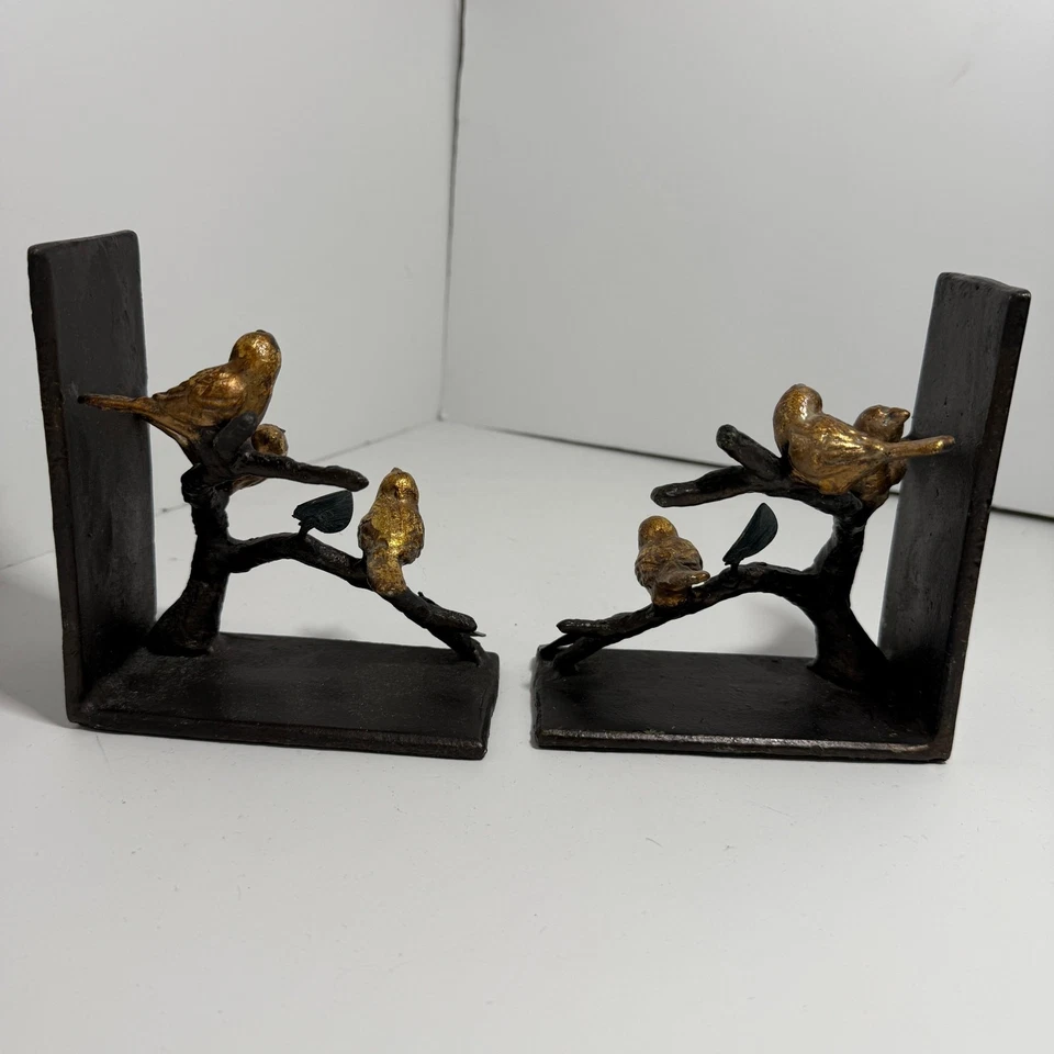 Par de extremos de libro de hierro fundido SPI Home Bird On Branch de pájaro dorado Foto 3 de 4