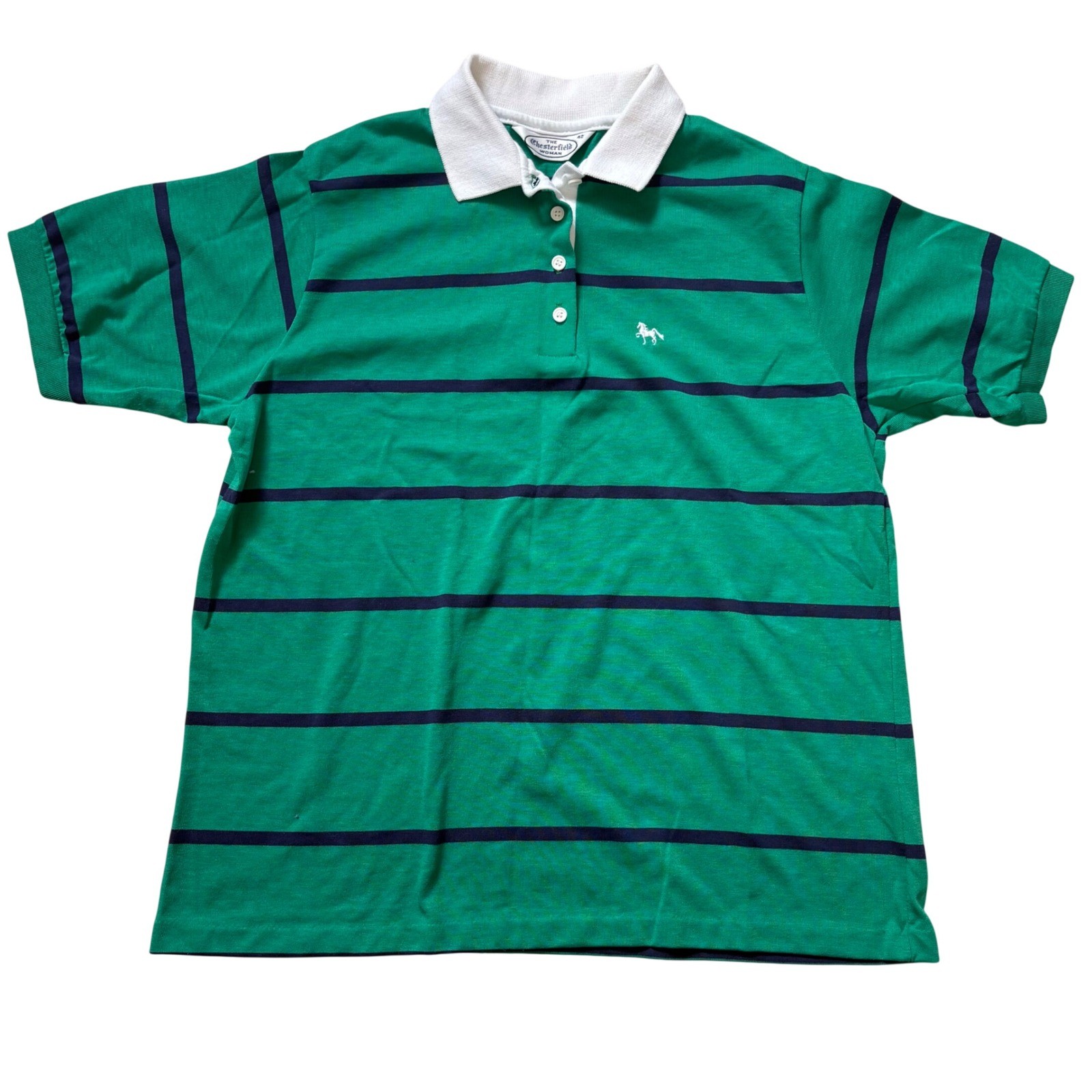 VTG The Chesterfield Woman Green Striped Polo Shirt Horse Logo Made in USA 42