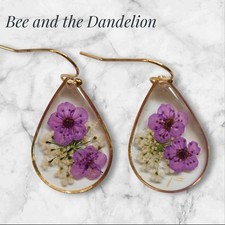 Purple Forget-Me-Nots Summer Dried Flowers Resin Gold Tone DangleEarrings