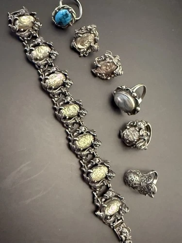 Vintage Abalone Shell Mermaid Jewelry Lot Bracelet Rings Earrings Silver Tone