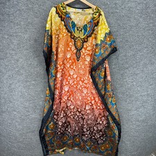 Sante Kaftan Dress Women One Size Orange Paisley Midi Short Sleeve V-Neck