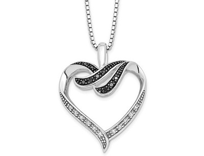 1/10 Karat (ctw) Schwarz & Weiß Diamant Herz Anhänger Halskette in Sterlingsilber