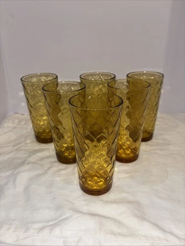 VTG 6x Anchor Hocking Lido Milano Amber Gold Tumbler Iced Tea Glass Crinkle 12oz