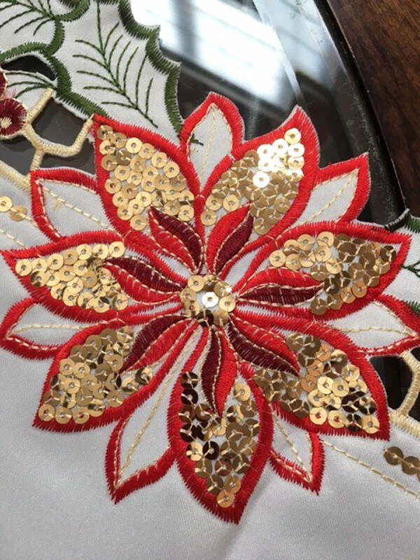 Holiday Christmas Table Runner Poinsettia Table Runner Gold Sequin Shimmer 69" - Image 4 of 4
