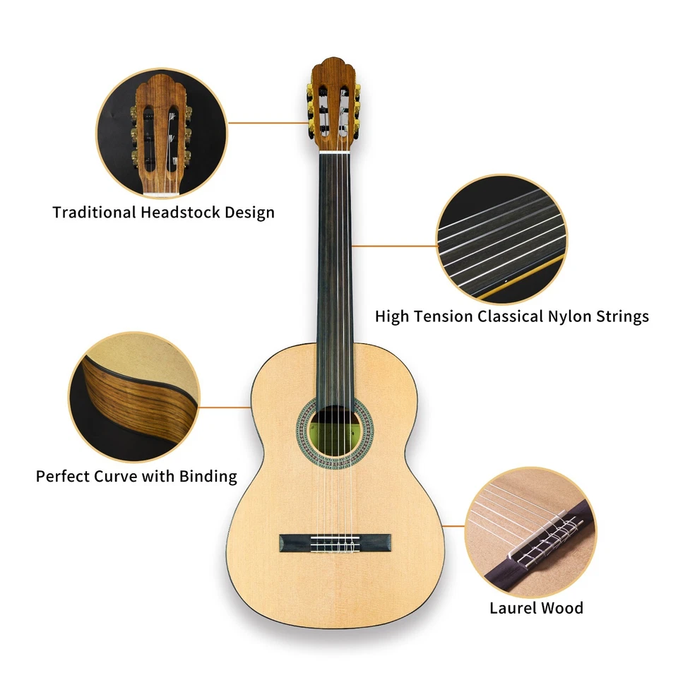 TARIO 左手 39 英寸 Fretless 古典吉他云杉顶部 Ovangkol 背面 — 第 4/4 张图片