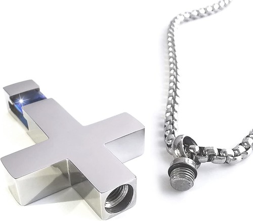 Cross Cremation Urn Necklace for Ashes Stainless Steel Keepsake Memorial Pendant - Picture 2 of 7