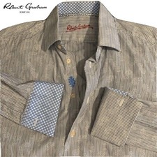 Robert Graham Shirt Mens Embroidered Stripe French Cuff Size M. Ships Fast