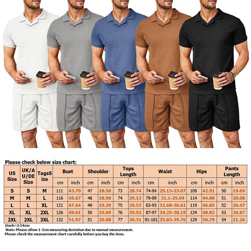 Mens Short Sleeve Polo Shirts Shorts Mens Waffle Fashion Casual Tracksuit Sets - Picture 2 of 32