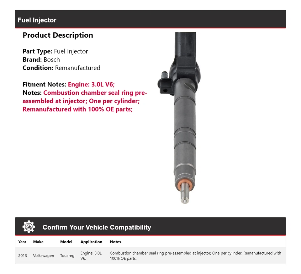 Inyector de combustible Bosch para Volkswagen Touareg 2013 3,0 L V6 Foto 2 de 4