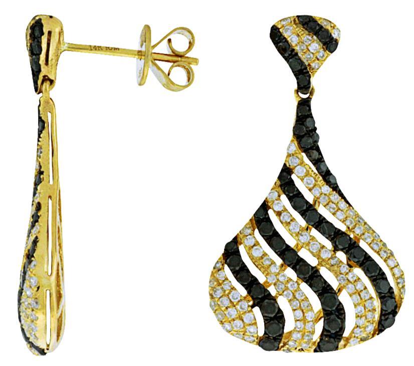 ORECCHINI PENDENTI DIAGONALI MULTI FILA ORO GIALLO 14K DIAMANTI BIANCHI E NERI 1 85 CT