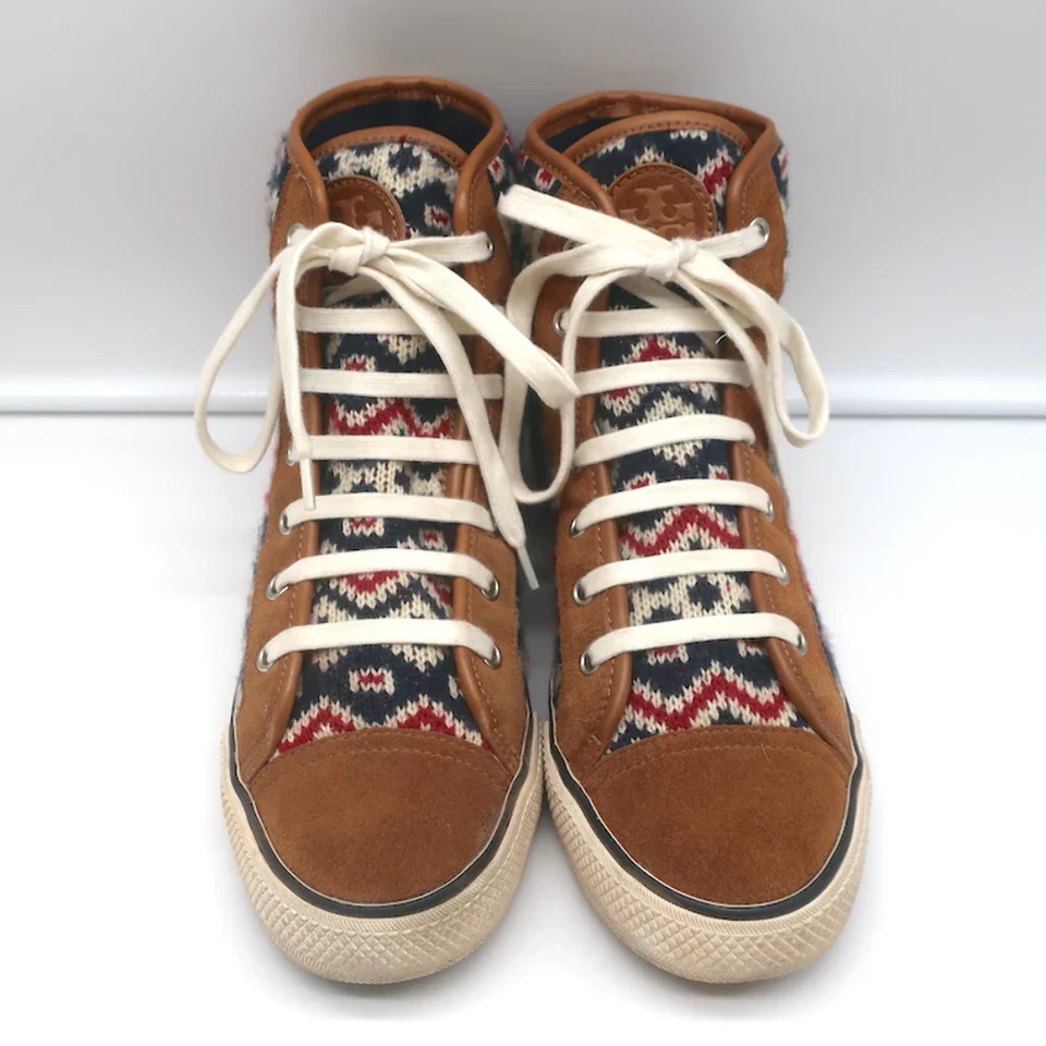 Tory Burch Noah Fair Isle Zapatillas Altas Tejidas Marrón Gamuza Talla 8 Foto 3 de 4