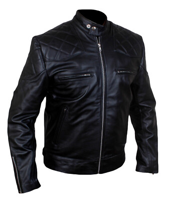 Herren Reines Lammleder Leder Bikerjacke Schwarz Steppdesign Motorradjacke