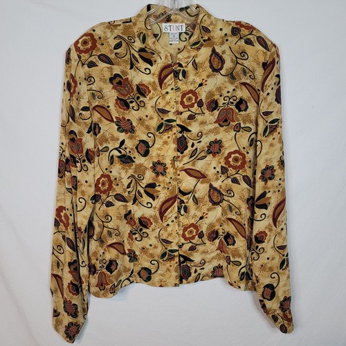 Stunt Silk Top Womens M Cottagecore Floral Beige Button Up Long Sleeve Vintage