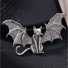 LARGE Halloween Winged Cat Brooch Silver Bat Pin Gothic Costume Jewelry Gift USA