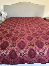 Vintage Handwoven Loomed Silk Jacquard Coverlet Bedcover Burgundy Cream 108x86