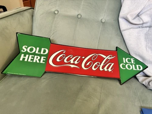 Vintage 1990 Coca Cola Sold Here Tin Embossed Metal Arrow Sign Old Decoration