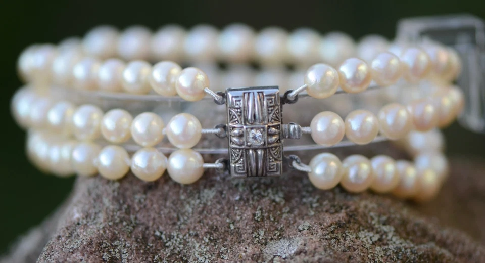 Luxus Silberarmband 835  Handgefertigt Art Deco Akoya Perlen Funkelnde Stein - Bild 3 von 4