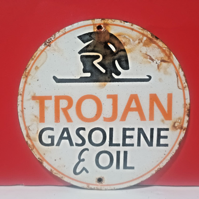 #ad #ad Vintage TROJAN Gasolene Oil Pump Plate Porcelain Enamel Sign 6quot; Inches $62.50