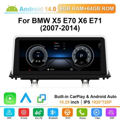 10.25'' Android 14 Autoradio CarPlay 64GB GPS Navi DAB+ Für BMW X5 E70 X6 E71 CCC