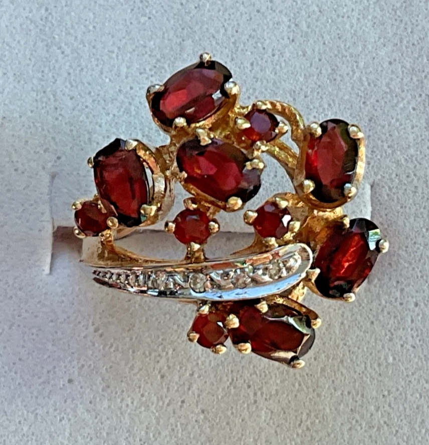 14K Yellow Gold Ruby & Diamond Cluster Cocktail Ring • Size 7 • 4.97g - Image 2 of 4