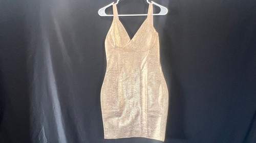 NWT Bella Barnett Metallic Gold V-Neck Bandage Bodycon Mini Dress L