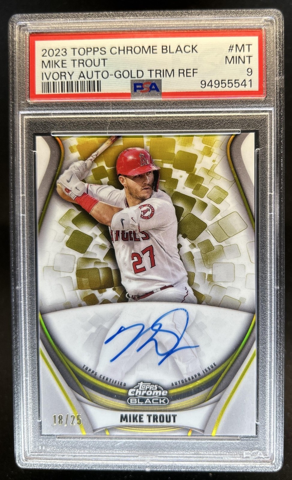 2023 Topps Chrome Black Mike Trout Ivory Auto Gold Trim Refractor #/25 PSA 9