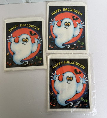 Lot Of 3 Vintage Hallmark Ambassador Paper Halloween Ghost Treat Bags Packs NEW