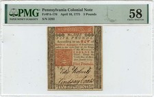 1775 April 10, 5 Pds Pennsylvania Colonial Note FR#PA-176 PMG AU58 Workhouse