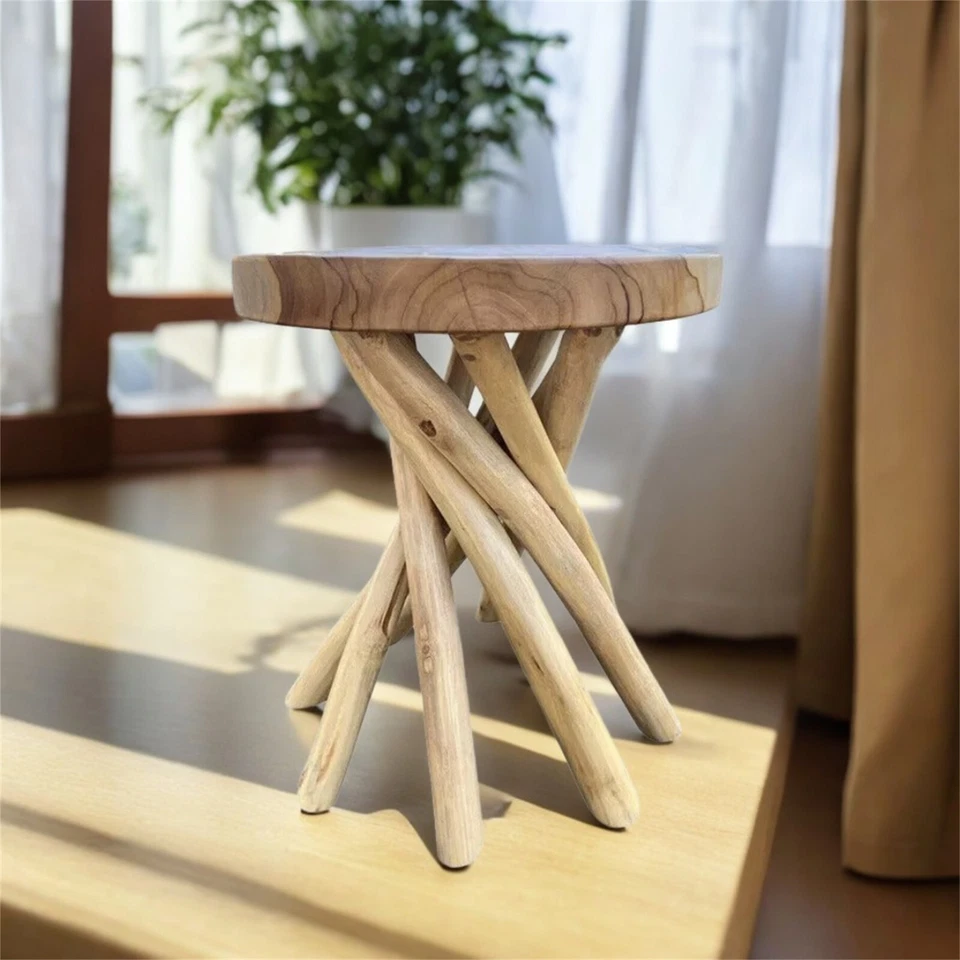 Mesa auxiliar rústica con ramas de madera de teca mesa auxiliar pequeña mesa de acento soporte para plantas regalo Foto 3 de 4
