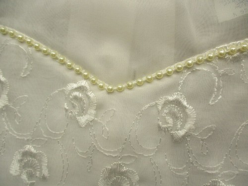 White First Communion Wedding Dress Vtg Girl Sz 7 Bow S/S Chiffon Faux Pearls - Picture 3 of 18