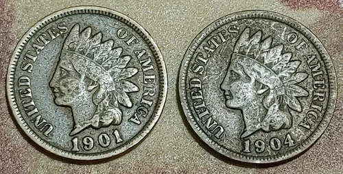 Indian Head Pennies lot. 1901, 1904 Both Fine or Very Fine Condition!