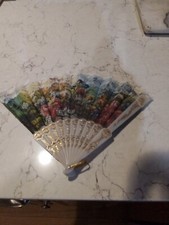 Vintage Floral Flowers  Lace Plastic and Fabric Folding Hand Fan with Gold Trim