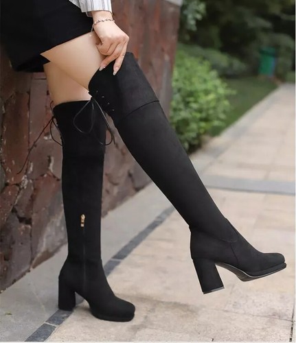 Bottes Au-dessus Du Genou Vintage 1969 – Taille 38, Cuir Noir, Talons - Made In Italy - Occasion
