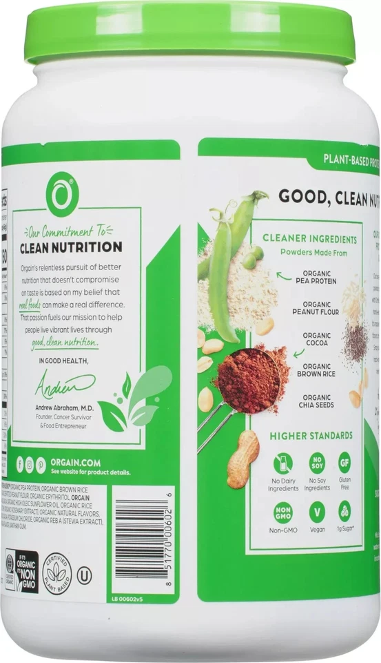 Orgain Vegan Protein Powder Chocolate Peanut Buttter Organic 2.03 Lb Exp 12/25 - Image 2 of 2