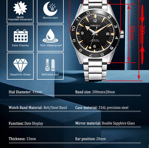 Reloj automático Corgeut 41 mm para hombre NH35 10ATM cristal zafiro fecha automática - Imagen 12 de 23