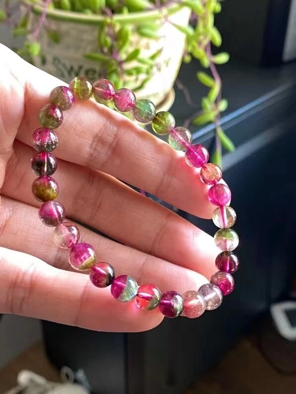 7mm Top Natural Watermelon Tourmaline Crystal Rubellite Round Bead Bracelet