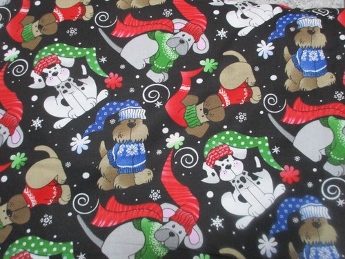 Colorful Holiday Dogs on Black Cotton Fabric 1 Fat Quarter Approx 18" x 21" - Picture 2 of 4